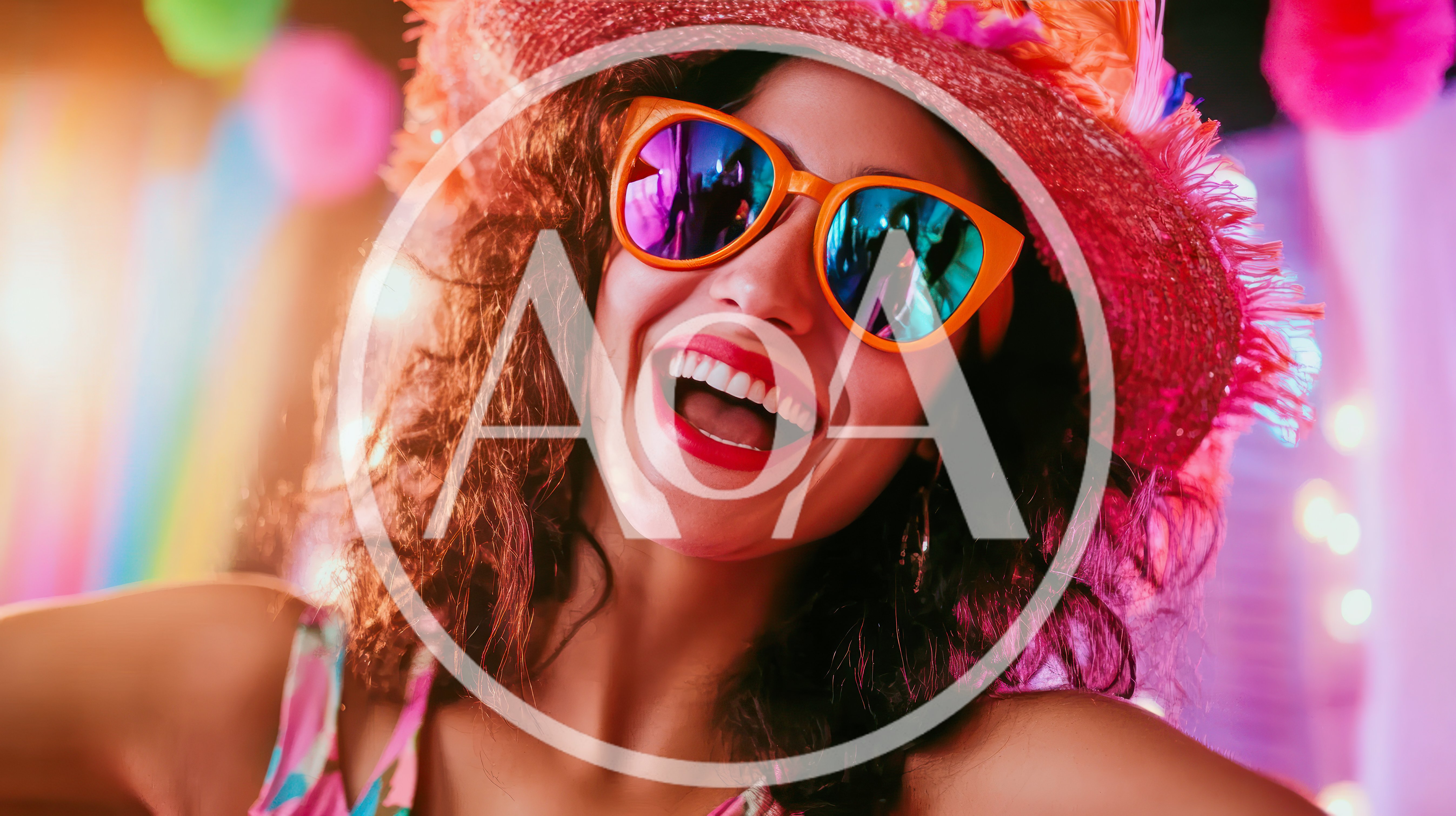 Happy Woman Wearing Colorful Hat And Sunglasses At Party