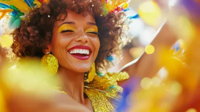 Joyful Woman Celebrating At A Vibrant Carnival Parade