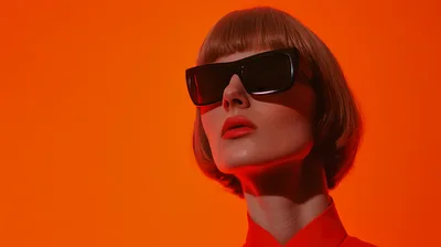 Fashion Model Wearing Sunglasses Against Vibrant Orange Background