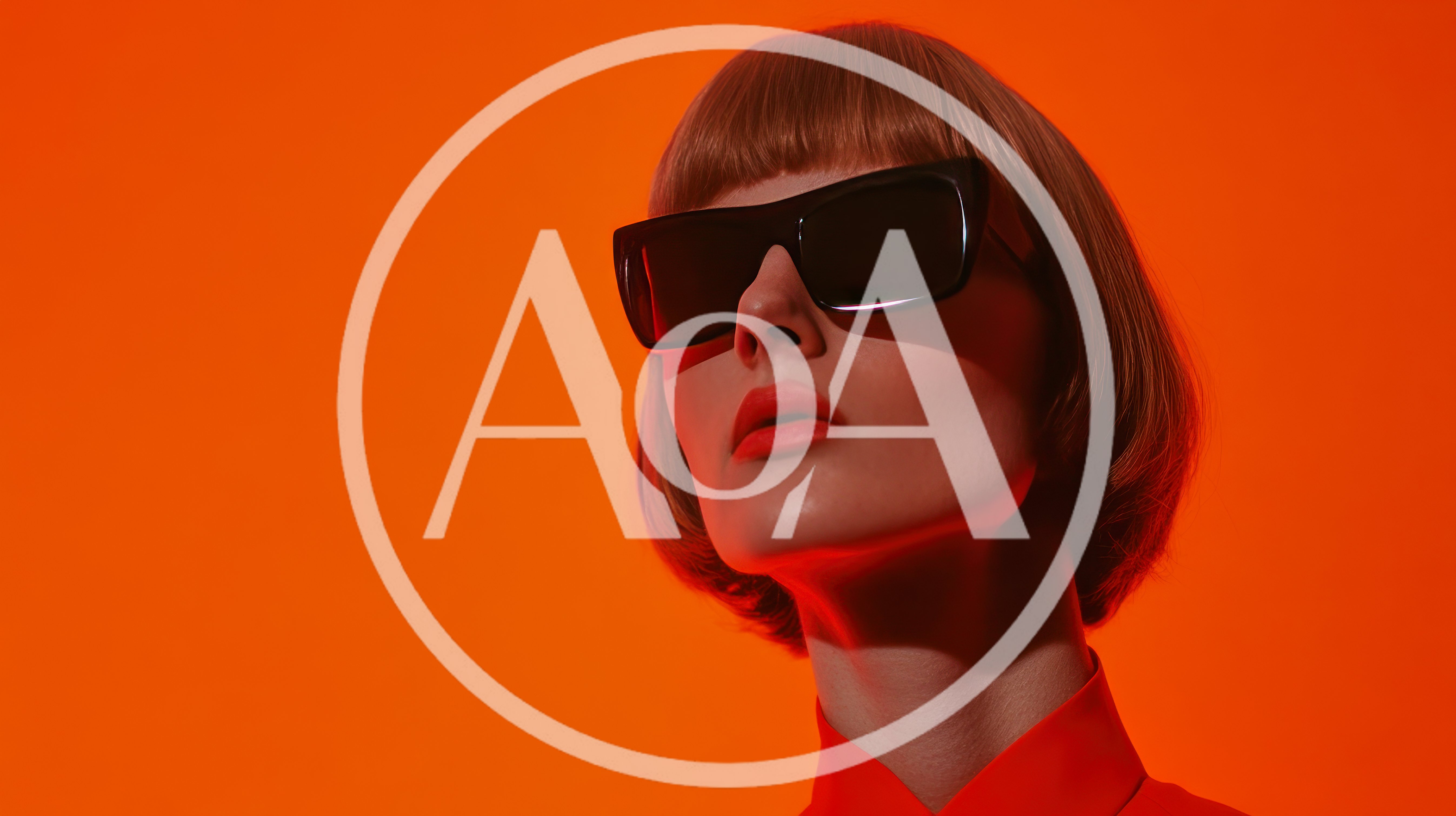 Fashion Model Wearing Sunglasses Against Vibrant Orange Background