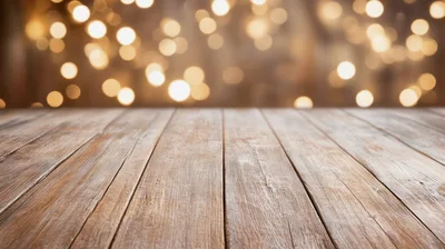 Rustic Wooden Table Surface With Blurred Golden Bokeh Background