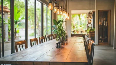 Empty Wooden Dining Table in Modern Restaurant Interior