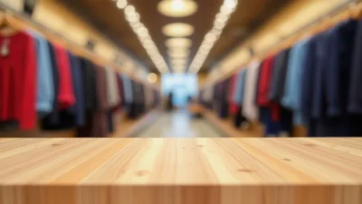 Wooden Table Surface In A Clothing Store