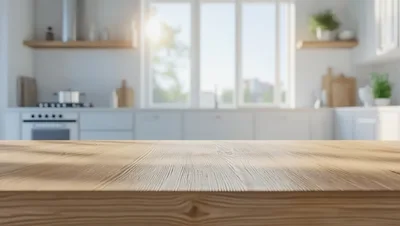 Empty Wooden Kitchen Countertop With Blurred Background