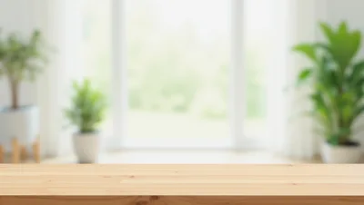 Empty Wooden Table In Bright Sunlit Living Room
