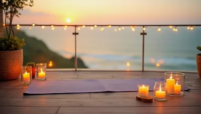 Yoga Mat With Candles On A Sunset Balcony