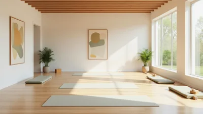Empty Yoga Studio With Mats And Wooden Ceiling