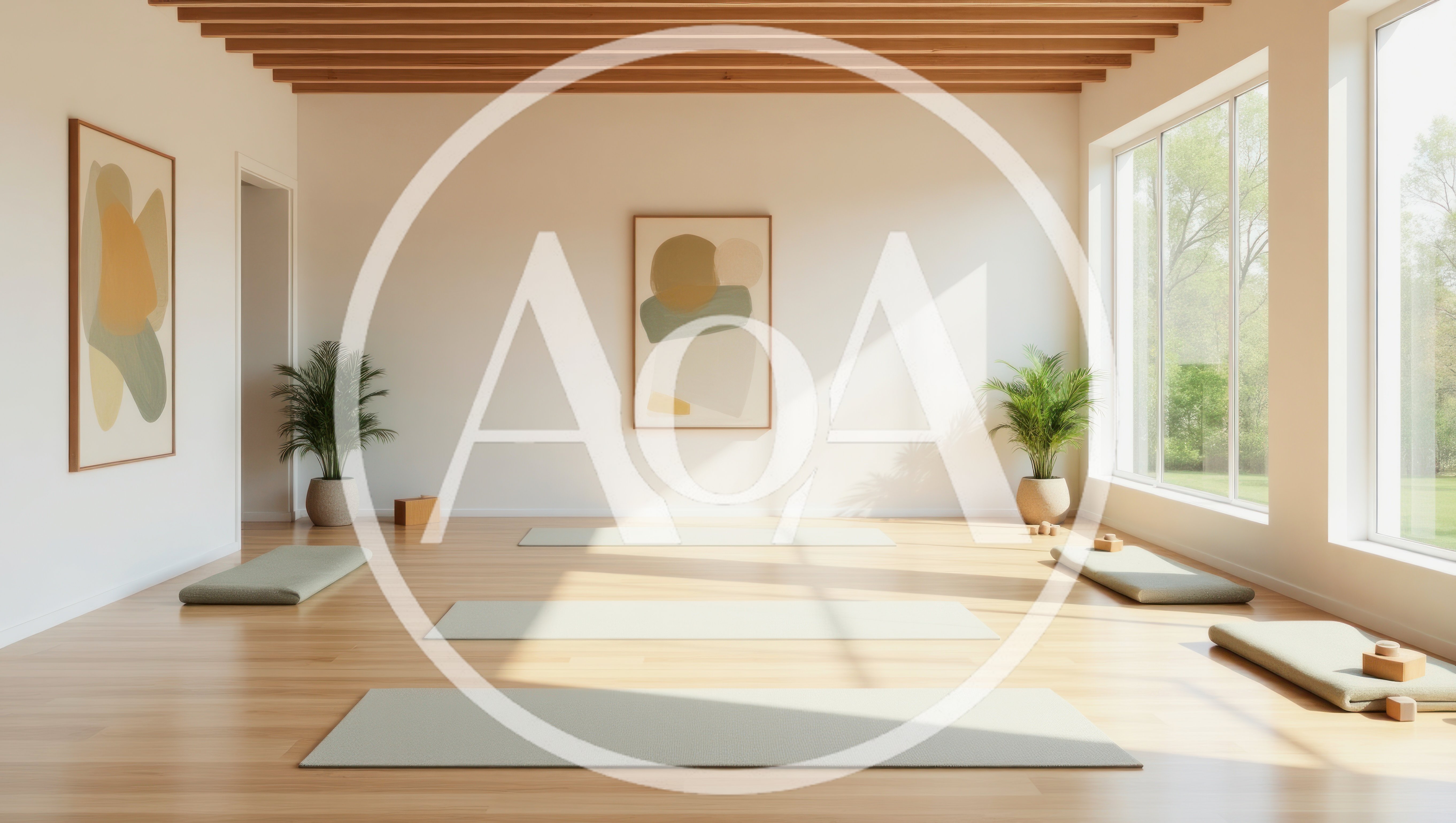 Empty Yoga Studio With Mats And Wooden Ceiling