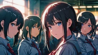 Group Of Anime Schoolgirls In Uniform