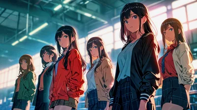 Group Of Anime Schoolgirls Standing In A Row