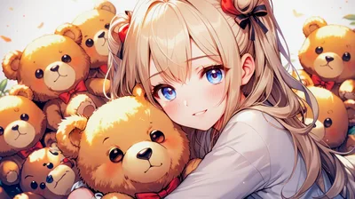 Anime Girl Hugging A Teddy Bear Surrounded By Toys