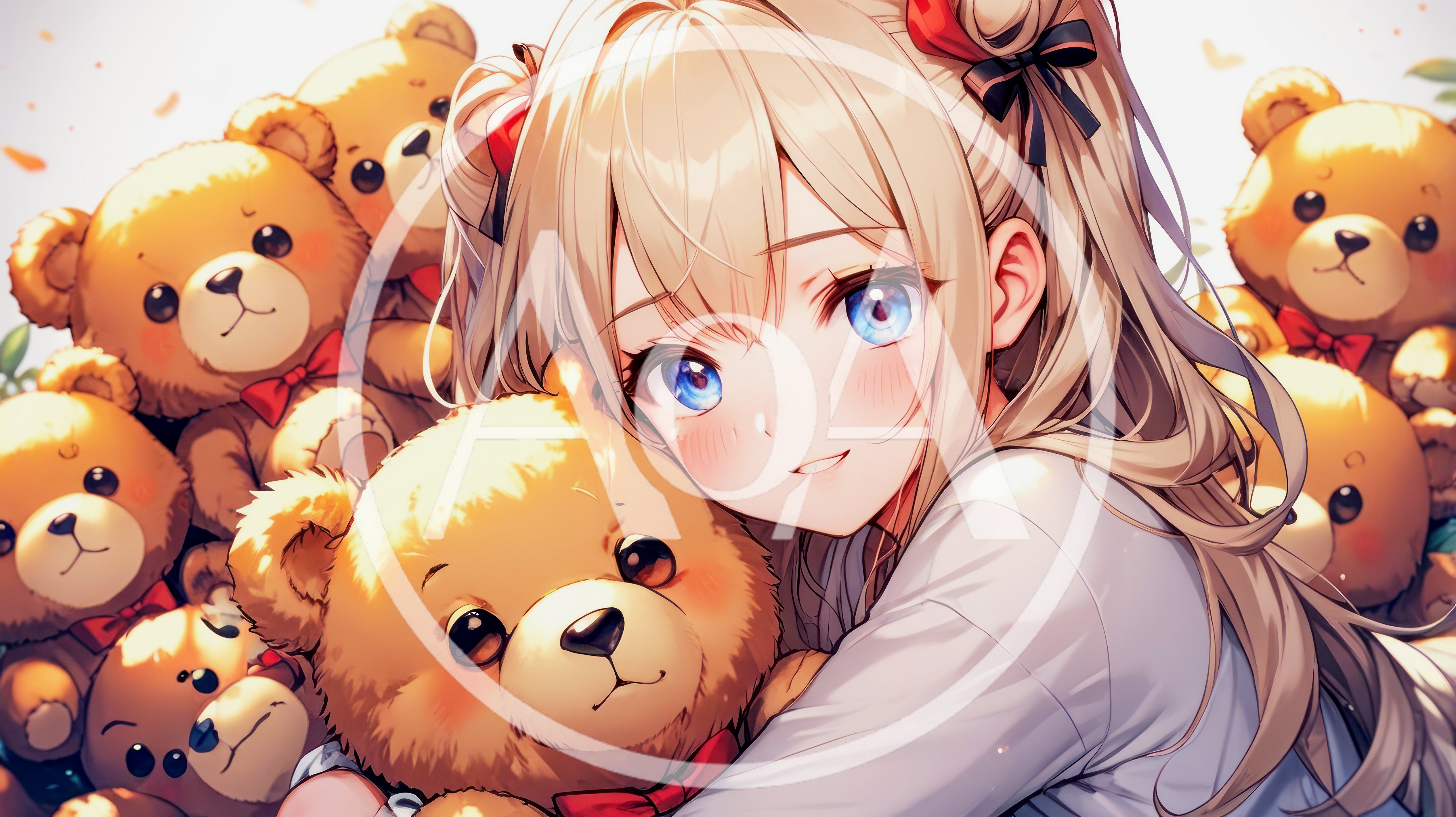 Anime Girl Hugging A Teddy Bear Surrounded By Toys