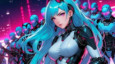 Anime Style Cyborg Girl Leading A Robot Army