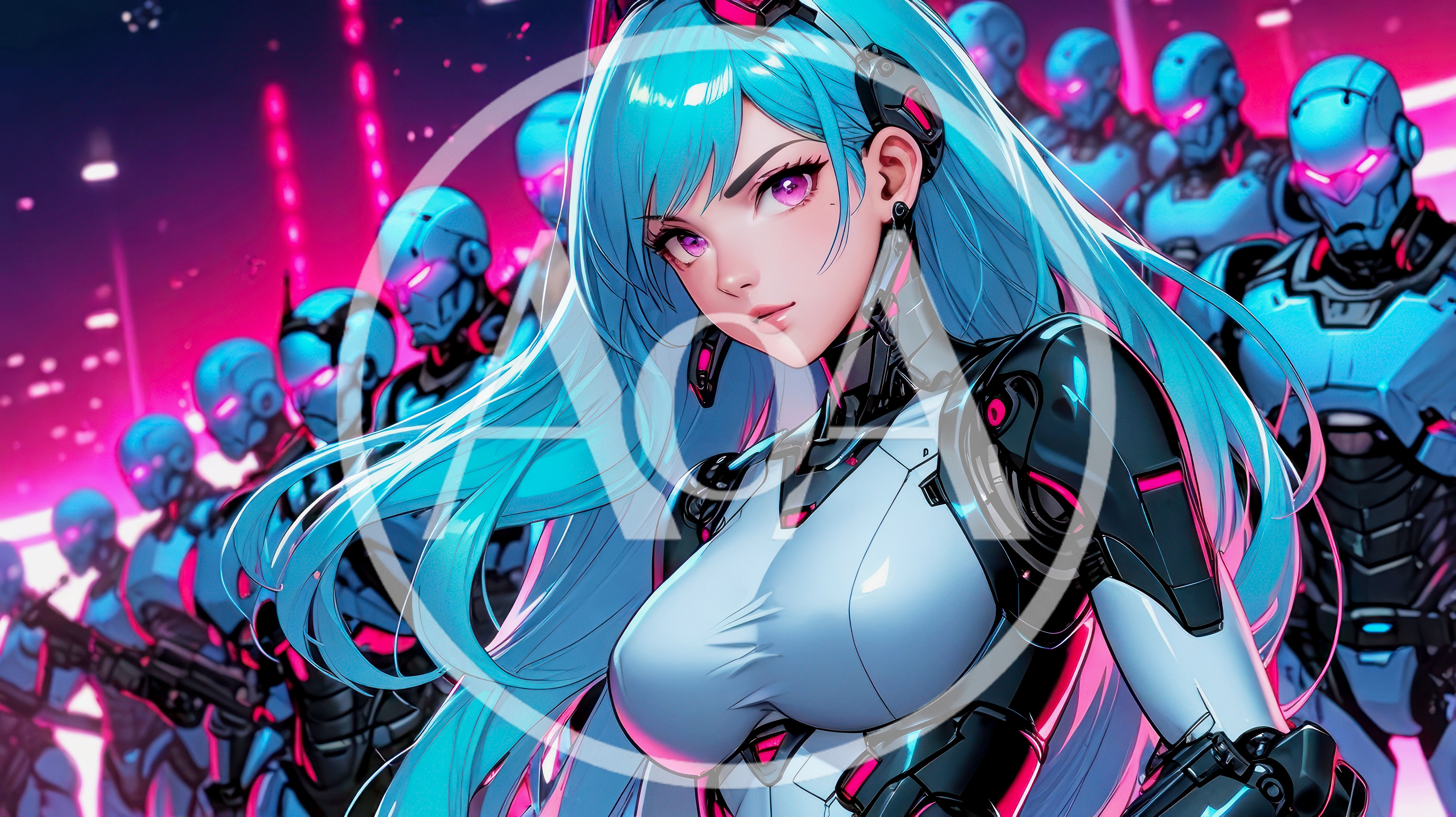 Anime Style Cyborg Girl Leading A Robot Army