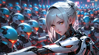 Cyborg Female Leader Commanding An Army Of Robotic Soldiers