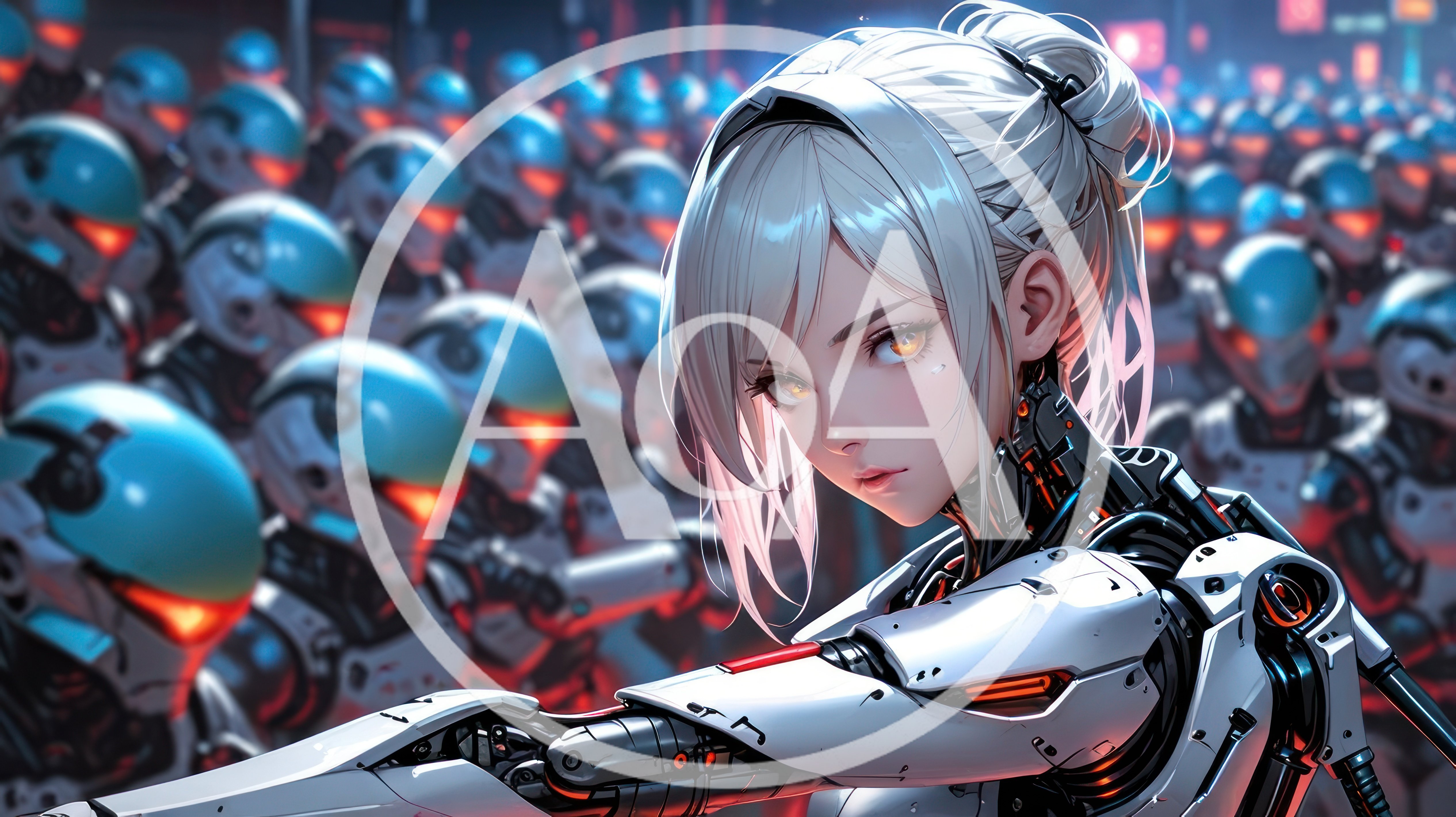 Cyborg Female Leader Commanding An Army Of Robotic Soldiers