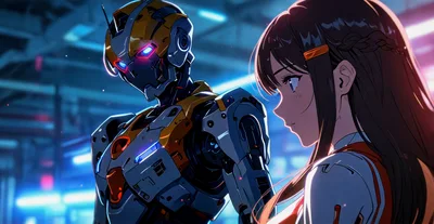 Anime Style Robot And Girl In Futuristic Setting
