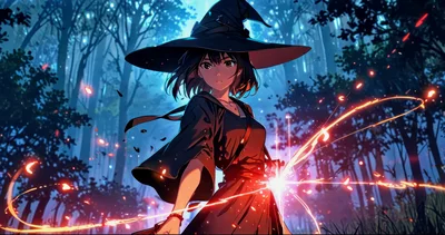 Anime Witch Casting Magic Spell In Dark Forest