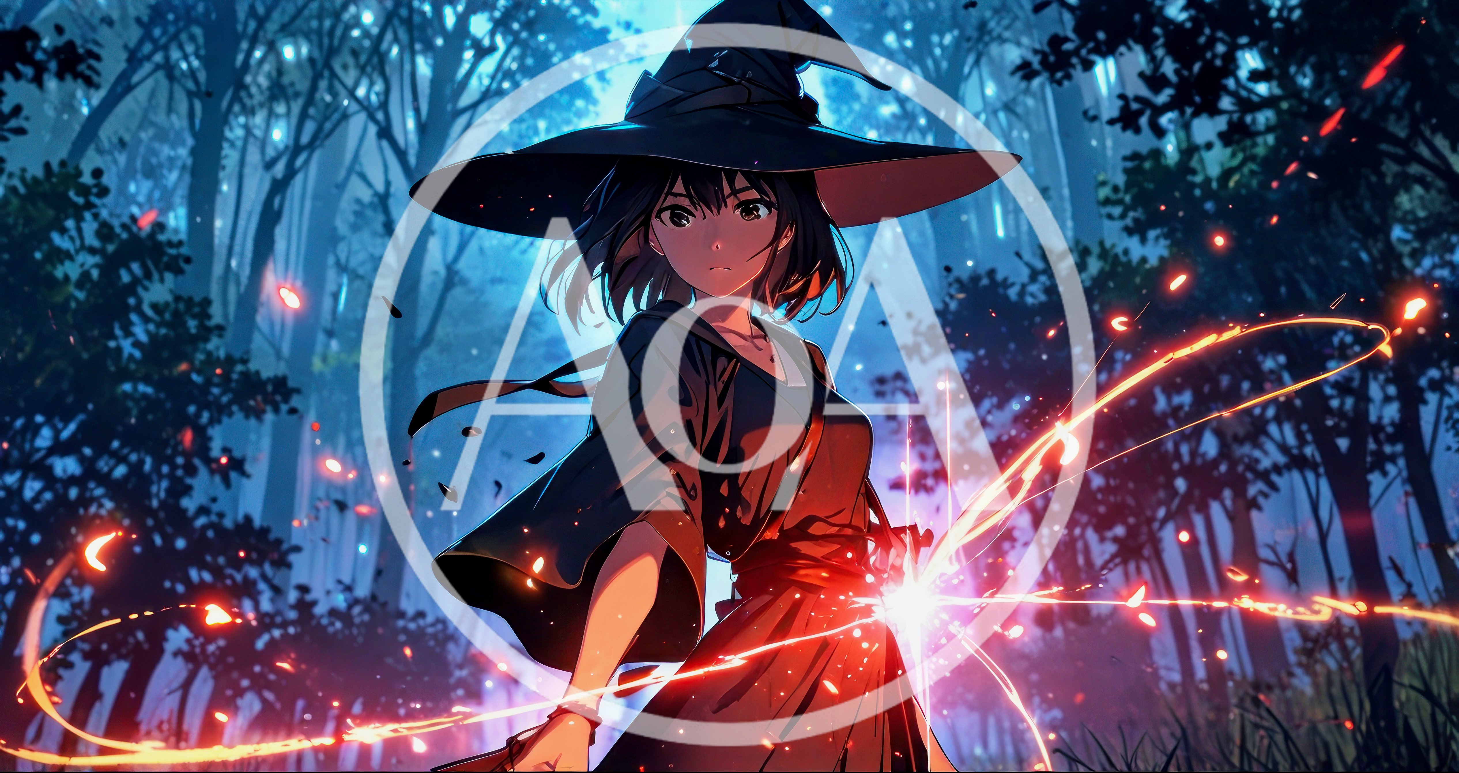 Anime Witch Casting Magic Spell In Dark Forest