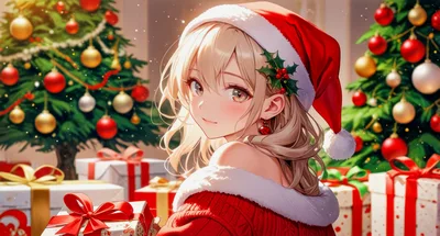 Anime Girl Wearing Santa Hat Holding Christmas Gift