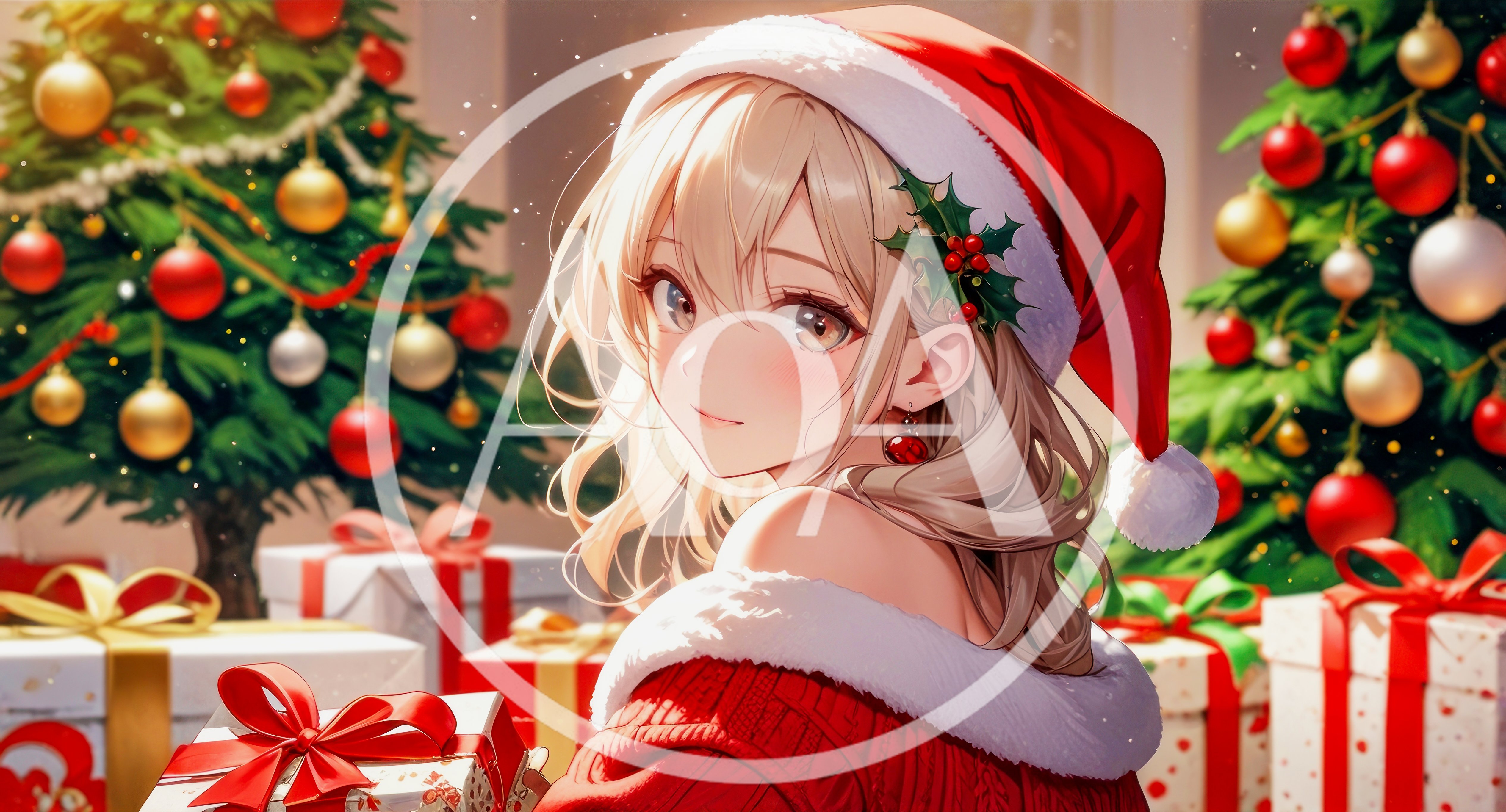 Anime Girl Wearing Santa Hat Holding Christmas Gift