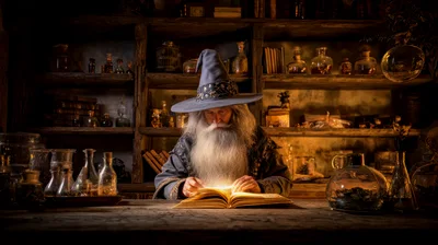 Elderly Wizard Reading Magical Glowing Book In Dim Study