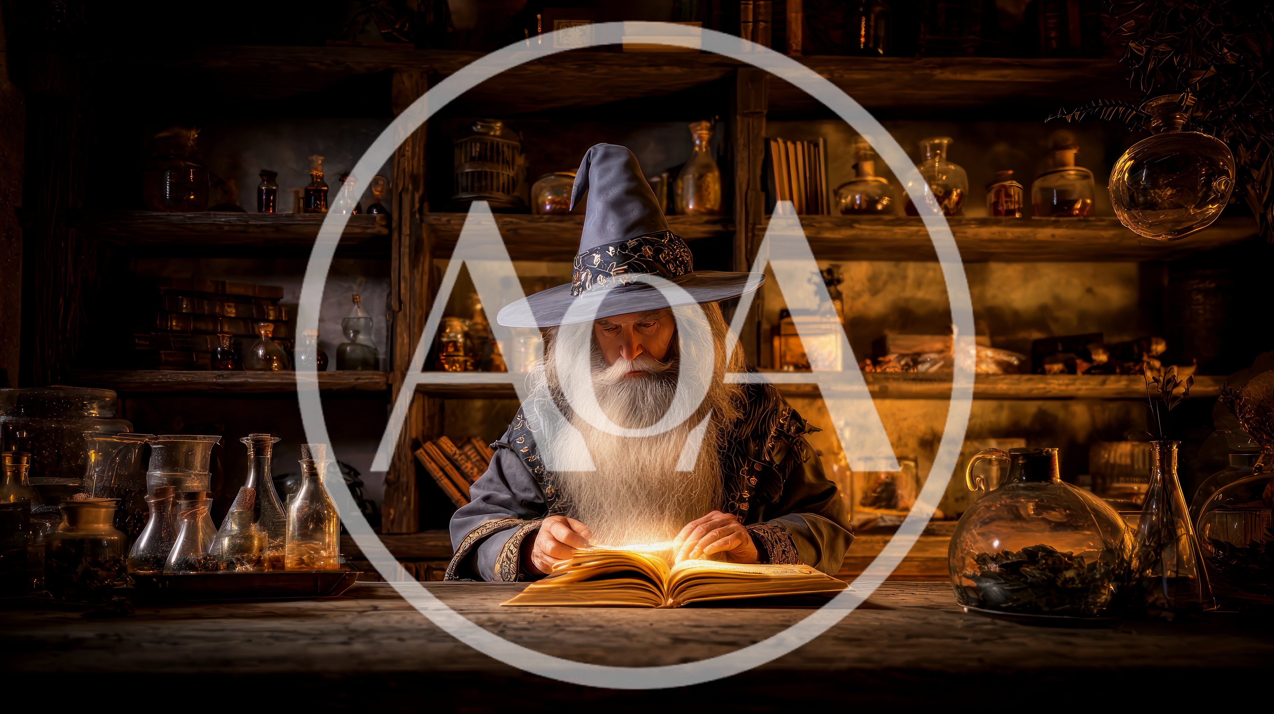 Elderly Wizard Reading Magical Glowing Book In Dim Study