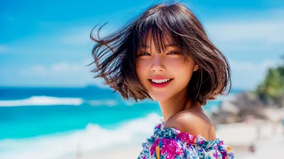 Young Asian Woman Smiling On A Tropical Beach