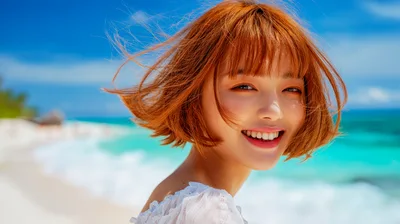 Smiling Young Woman With Short Hair On Tropical Beach