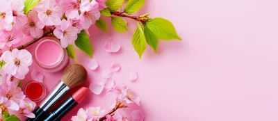Cosmetic Products With Cherry Blossoms On Pink Background