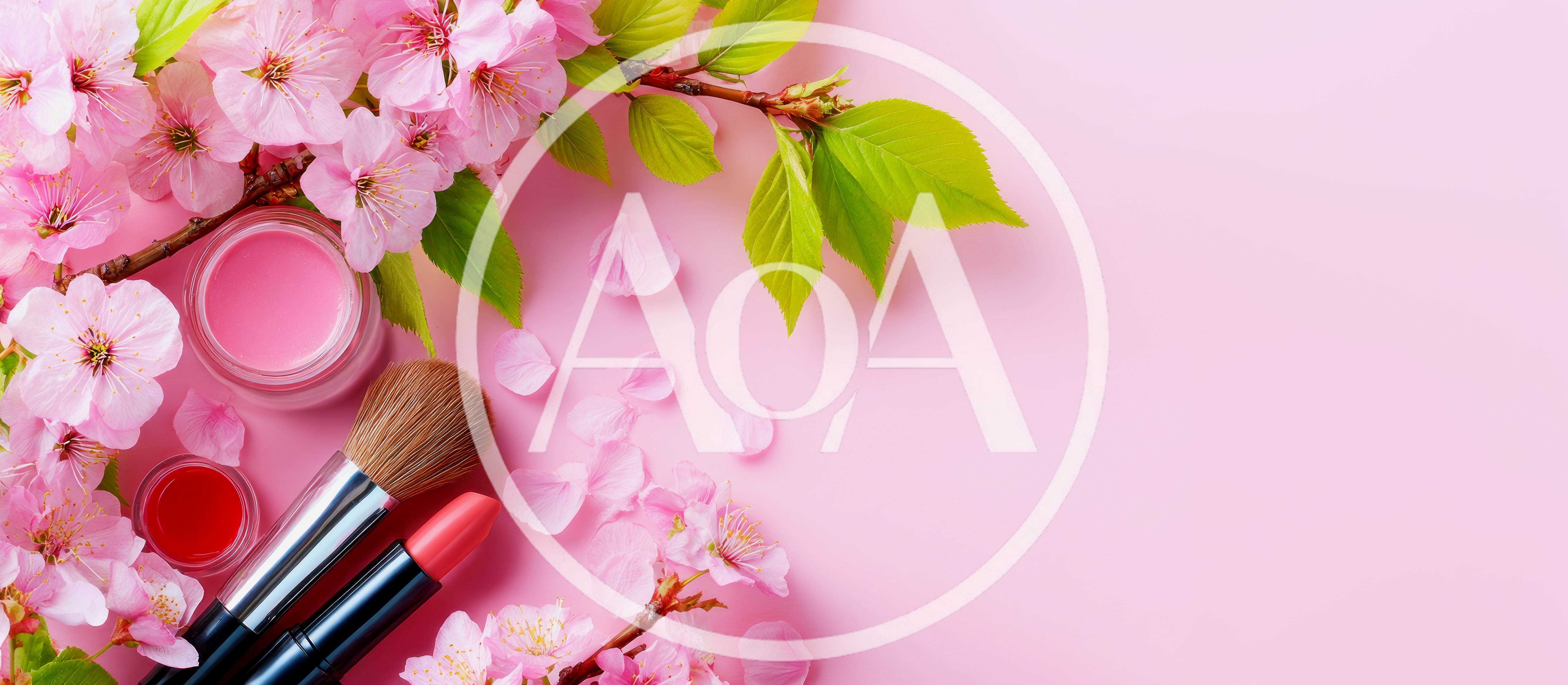 Cosmetic Products With Cherry Blossoms On Pink Background