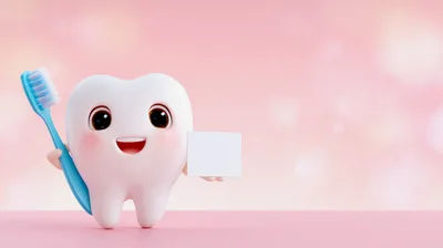 3D Cartoon Tooth Character Holding Toothbrush and Sign