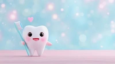 Cute Cartoon Tooth Character Holding A Toothbrush