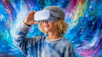 Young Boy Wearing Virtual Reality Headset Against Abstract Background