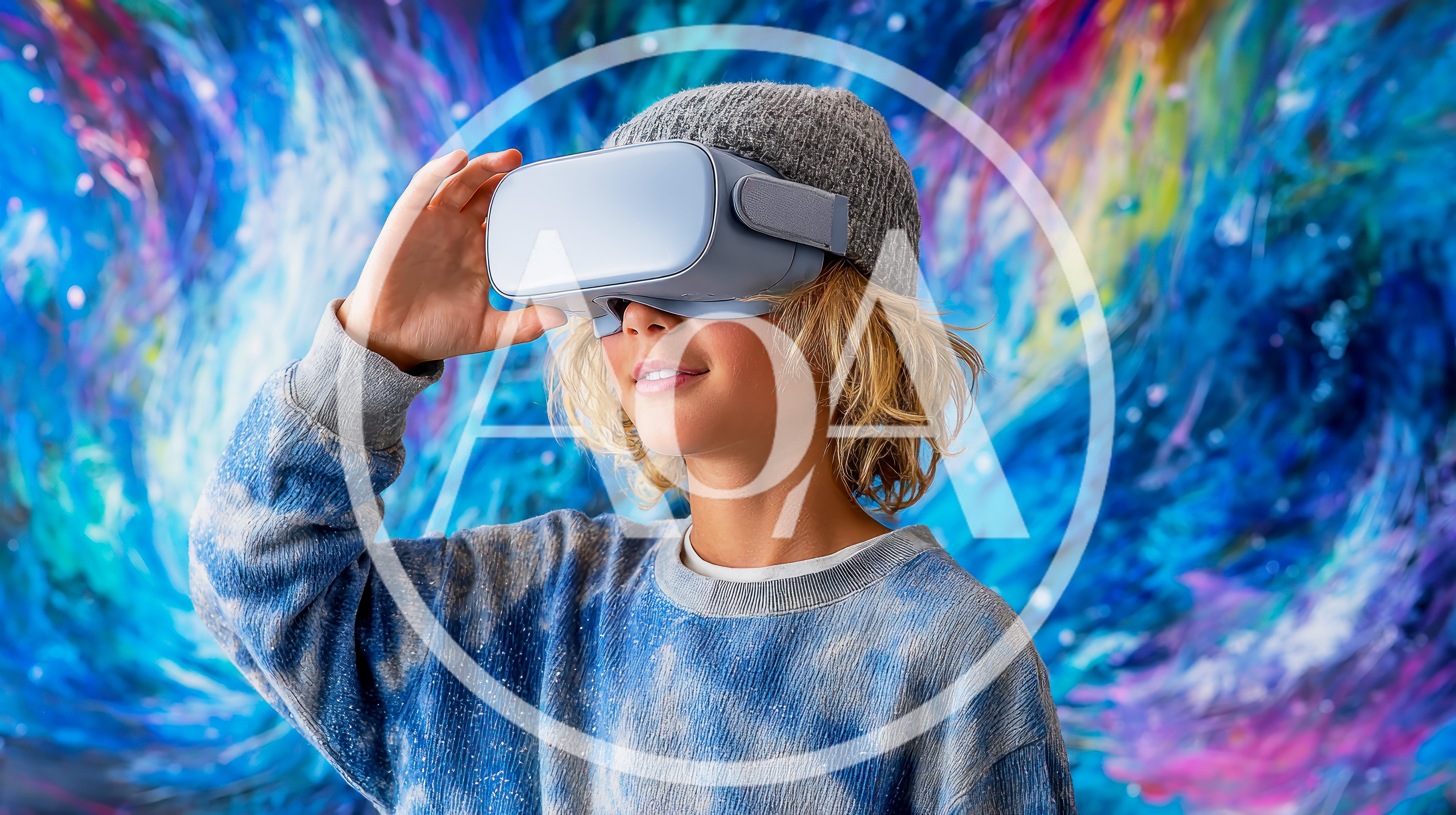 Young Boy Wearing Virtual Reality Headset Against Abstract Background