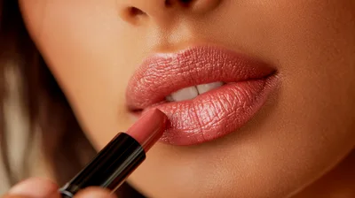 Close Up Of Woman Applying Pink Lipstick