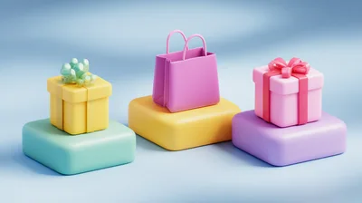 3D Rendered Gift Boxes and Shopping Bag on Pedestals