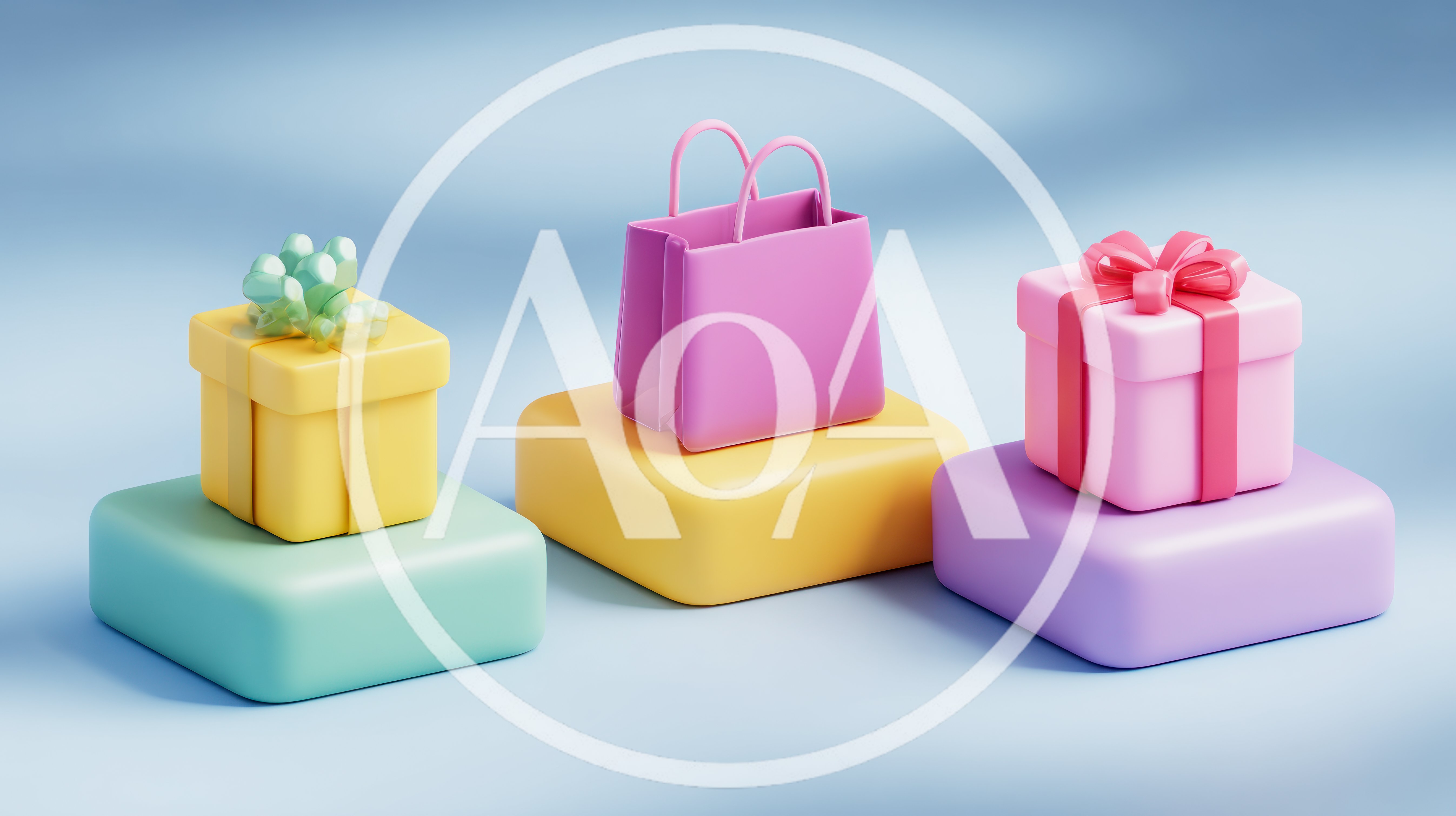 3D Rendered Gift Boxes and Shopping Bag on Pedestals