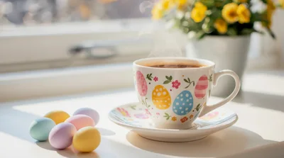 Easter Coffee Cup With Pastel Eggs On Window Sill