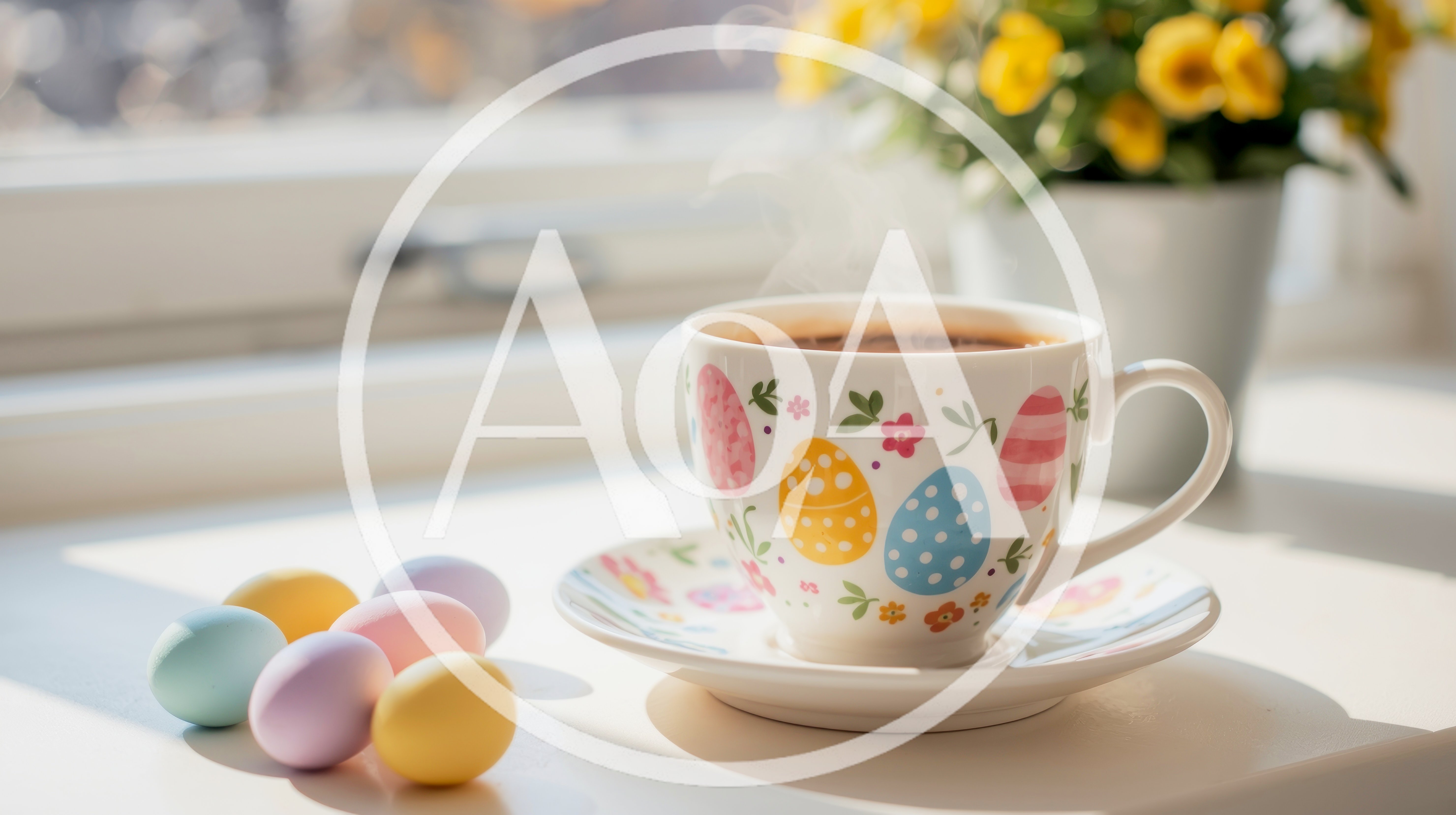 Easter Coffee Cup With Pastel Eggs On Window Sill