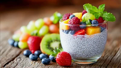 Chia Seed Pudding With Fresh Fruit In Glass