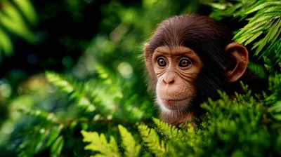 Young Chimpanzee Peeking Through Lush Green Jungle Foliage