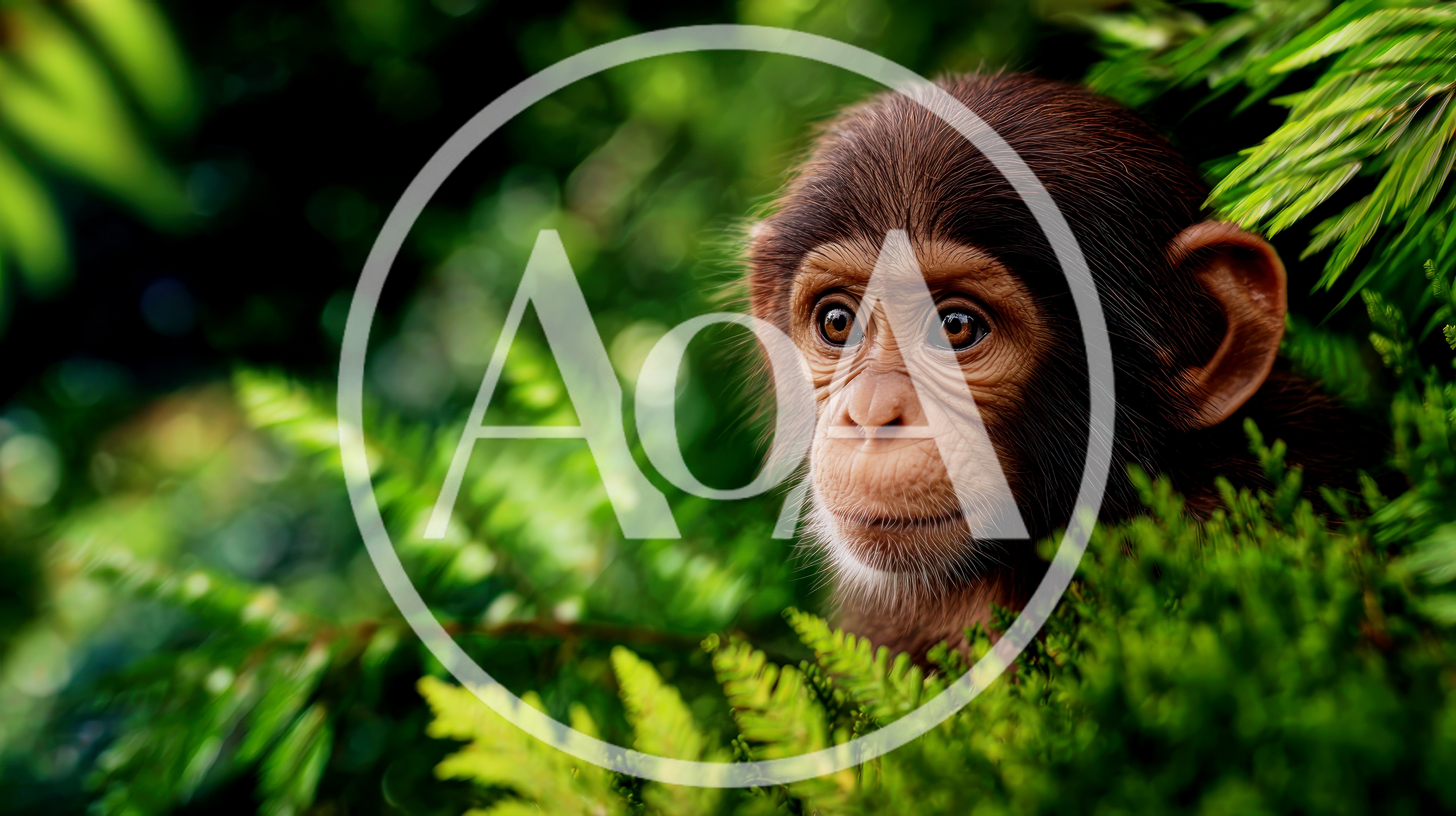 Young Chimpanzee Peeking Through Lush Green Jungle Foliage