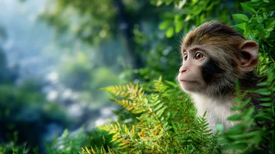 Young Macaque Monkey Peering Through Lush Green Jungle Foliage