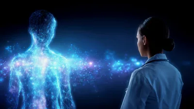 Doctor Examining Digital Holographic Human Body Model