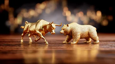 Golden Bull And Bear Statues On Wooden Surface