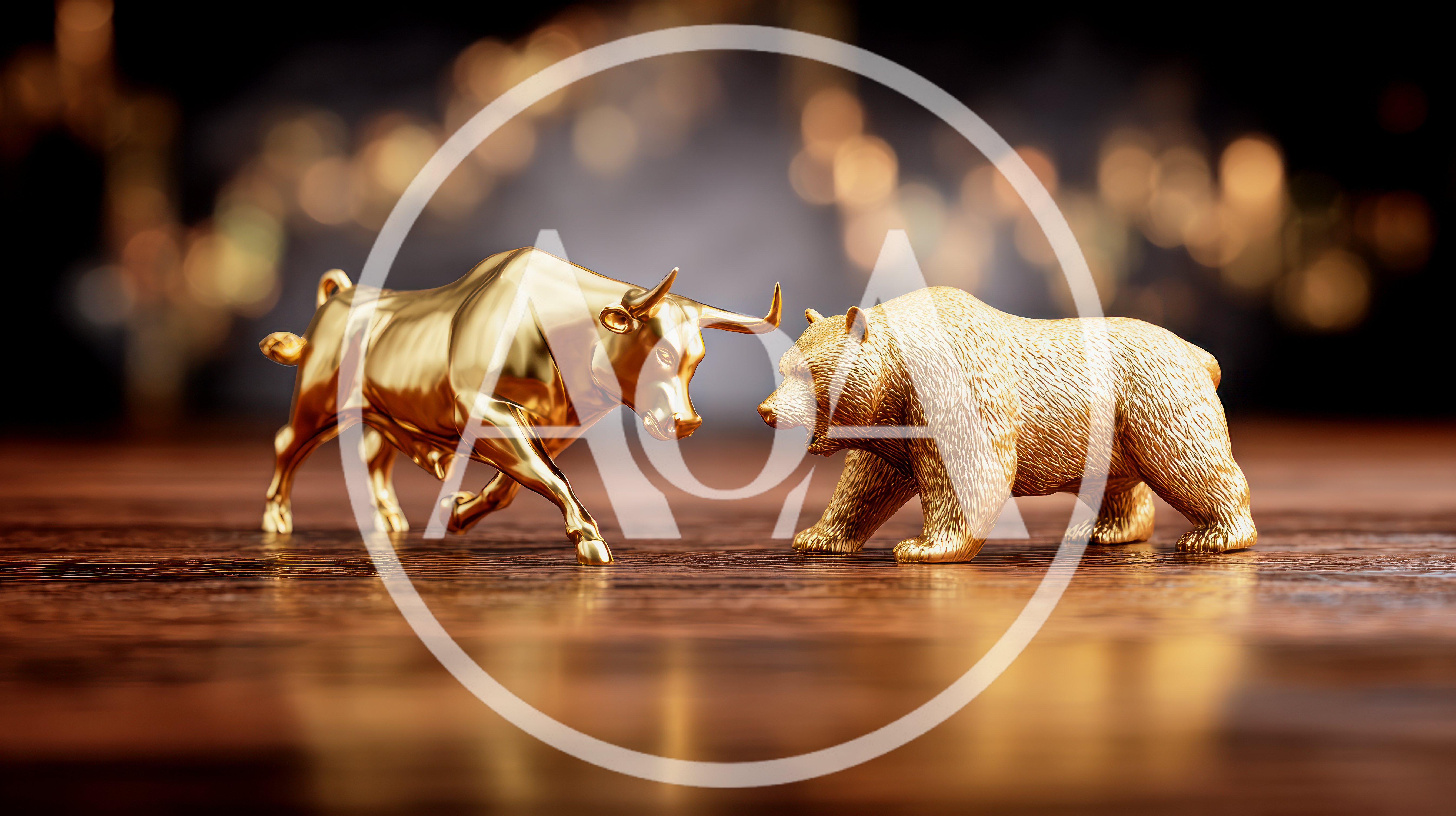Golden Bull And Bear Statues On Wooden Surface