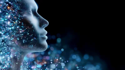Digital Human Face Formed From Glowing Data Particles