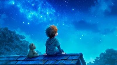 Anime Boy Sitting On Roof Watching Starry Night Sky