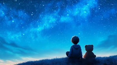 Young Boy Sitting With Teddy Bear Under Starry Sky